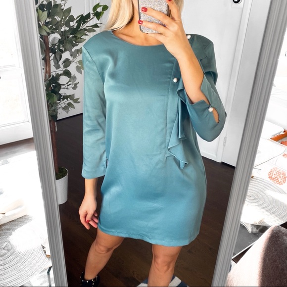 🎄 ZARA SAGE PADDED SHOULDER PEARL RUFFLE DETAIL LOOSE MINI DRESS! - Picture 5 of 16